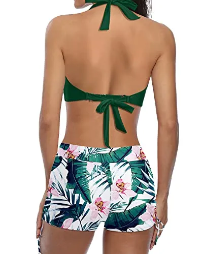 Removable Padding Push Up Bikini With Boyshort Two Piece Swimsuit-Green Tropical Floral