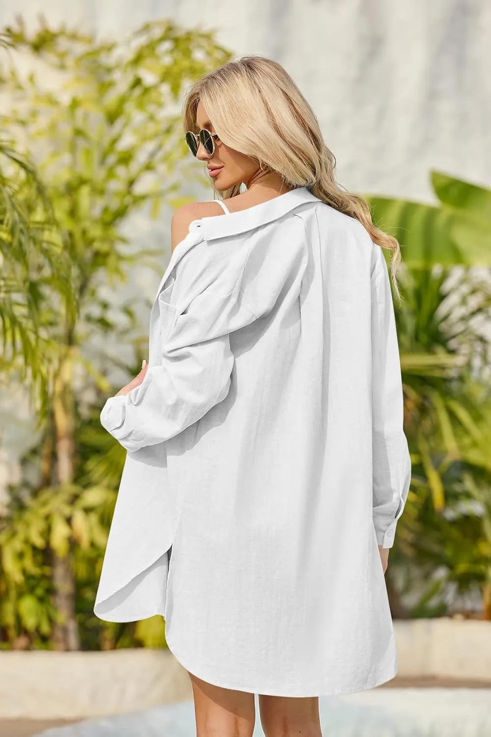 Runcati Womens Button Down Shirts Linen Cotton Long Sleeve Blouse Tunic Tops Cover Up Shirt Loose Beach Bikini Dress