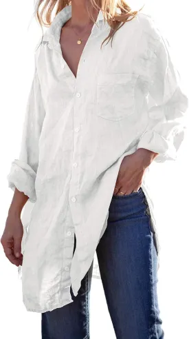 Runcati Womens Button Down Shirts Linen Cotton Long Sleeve Blouse Tunic Tops Cover Up Shirt Loose Beach Bikini Dress