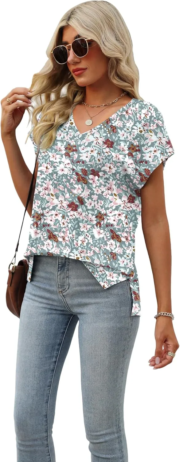 SAMPEEL Womens Summer Tops 2025 Cap Sleeve Trendy V Neck Loose Fit T Shirts