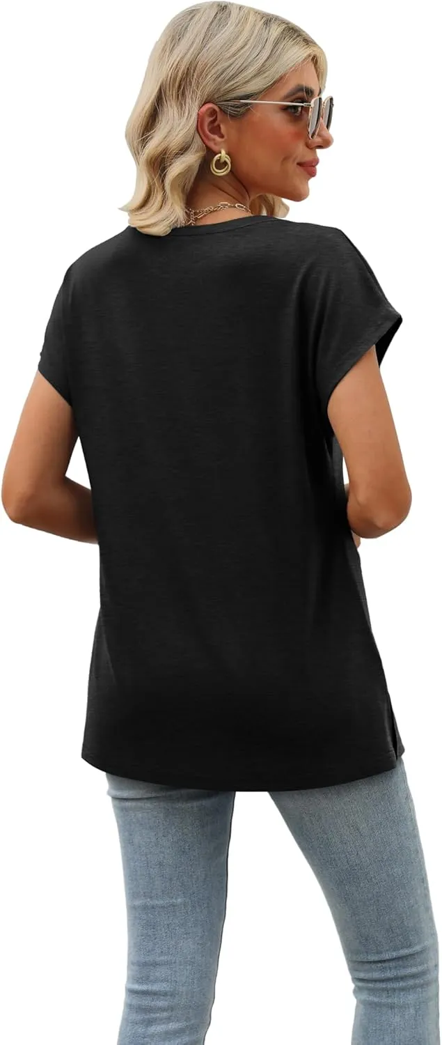 SAMPEEL Womens Summer Tops 2025 Cap Sleeve Trendy V Neck Loose Fit T Shirts