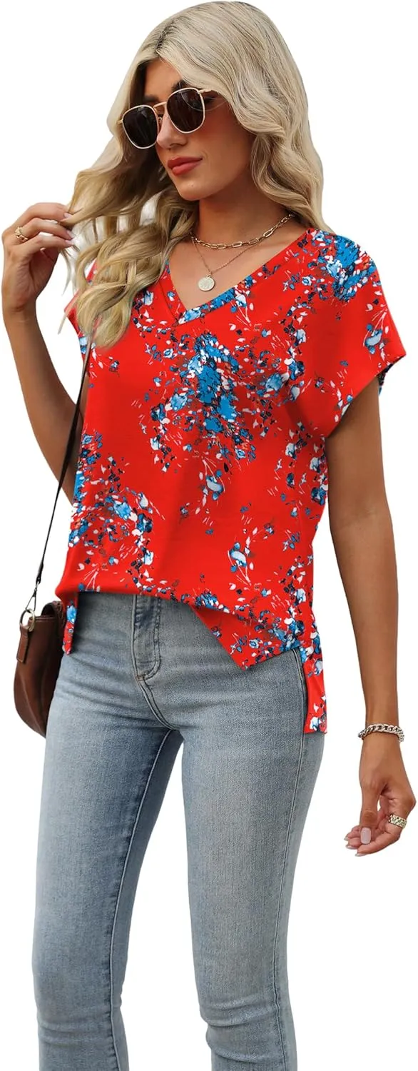 SAMPEEL Womens Summer Tops 2025 Cap Sleeve Trendy V Neck Loose Fit T Shirts