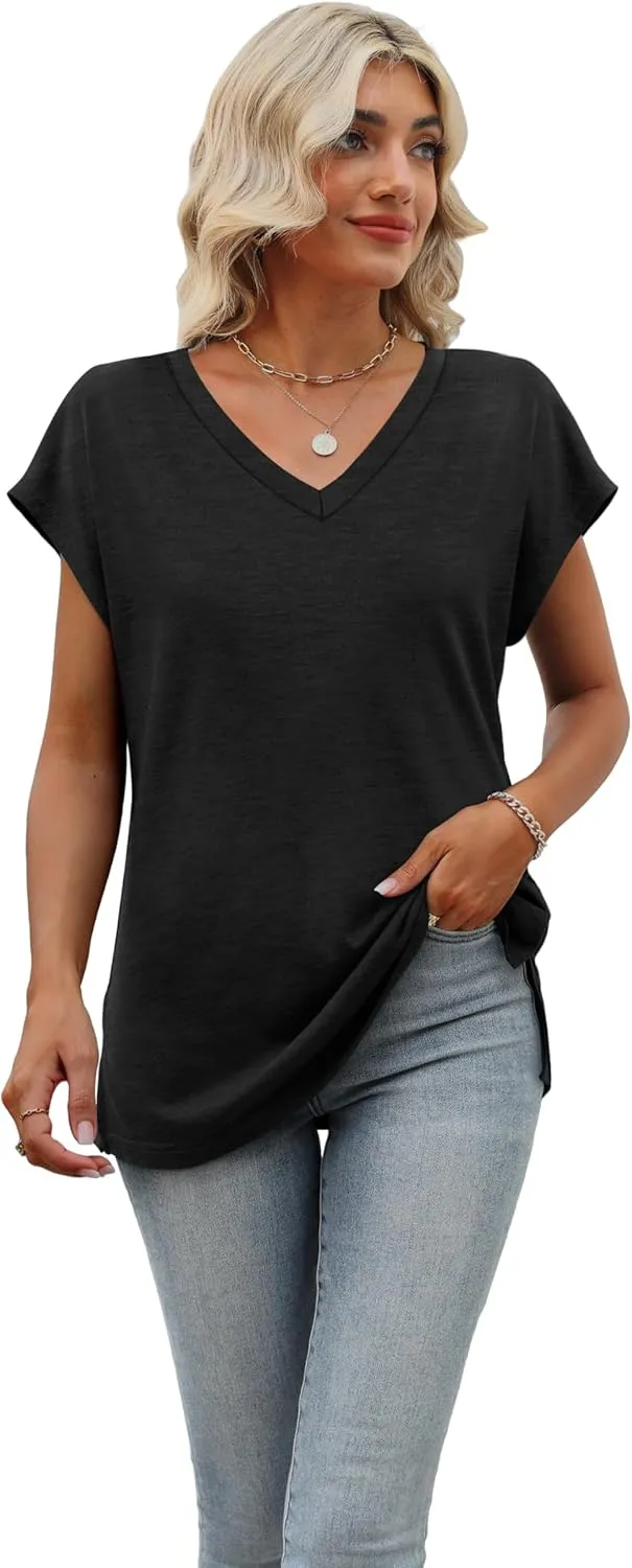 SAMPEEL Womens Summer Tops 2025 Cap Sleeve Trendy V Neck Loose Fit T Shirts