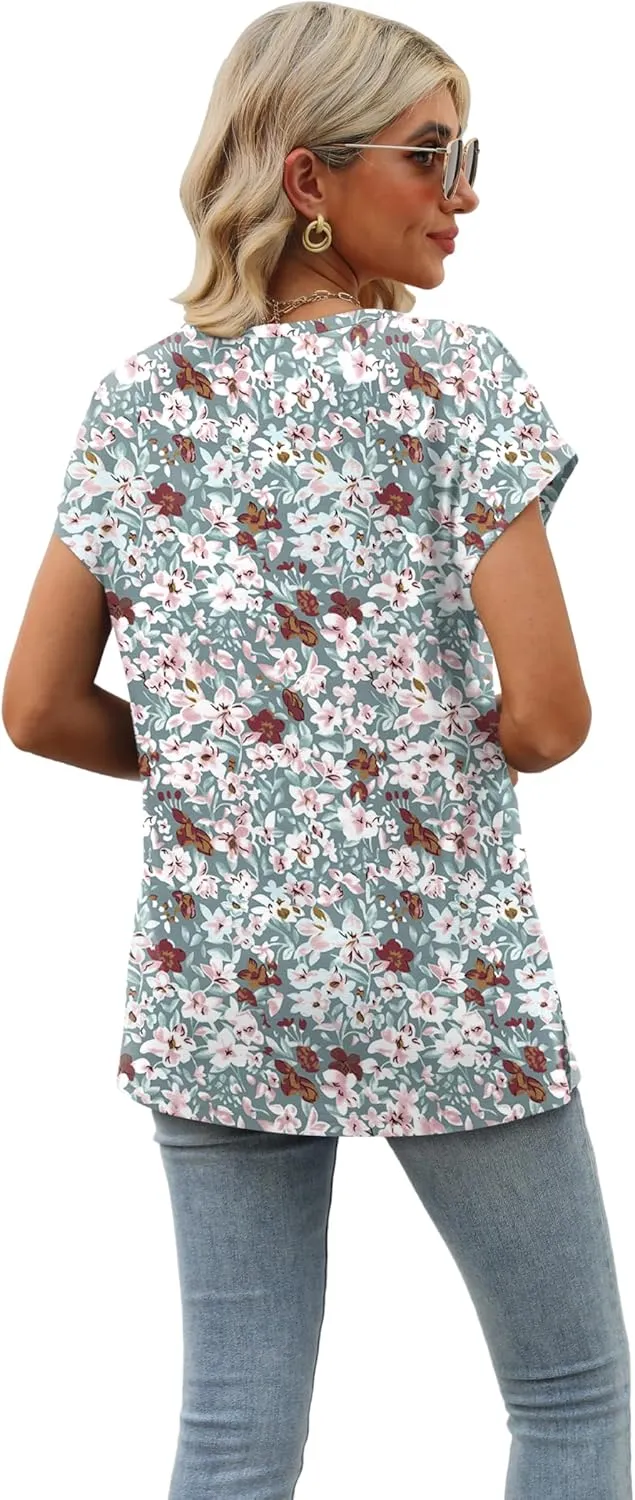 SAMPEEL Womens Summer Tops 2025 Cap Sleeve Trendy V Neck Loose Fit T Shirts