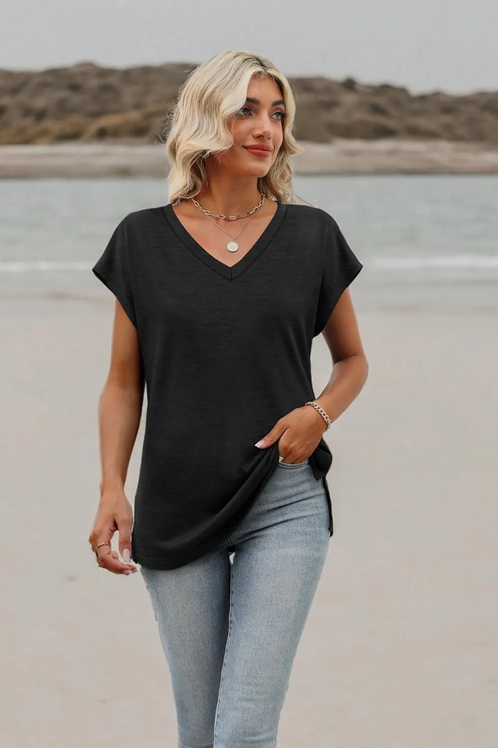 SAMPEEL Womens Summer Tops 2025 Cap Sleeve Trendy V Neck Loose Fit T Shirts