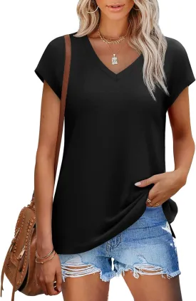 SAMPEEL Womens Summer Tops 2025 Cap Sleeve Trendy V Neck Loose Fit T Shirts