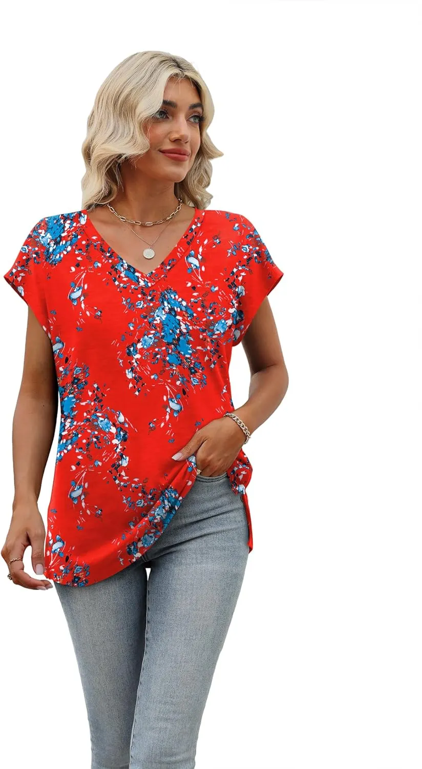SAMPEEL Womens Summer Tops 2025 Cap Sleeve Trendy V Neck Loose Fit T Shirts