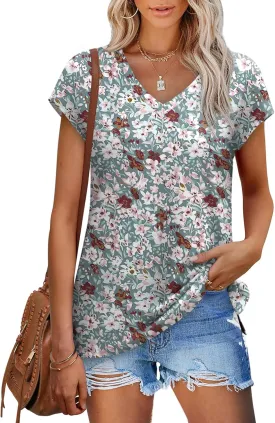 SAMPEEL Womens Summer Tops 2025 Cap Sleeve Trendy V Neck Loose Fit T Shirts