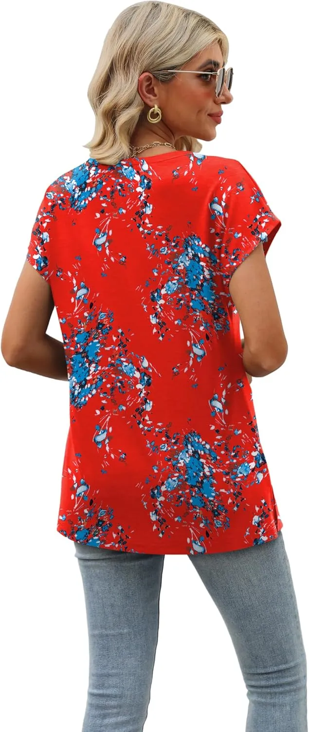 SAMPEEL Womens Summer Tops 2025 Cap Sleeve Trendy V Neck Loose Fit T Shirts