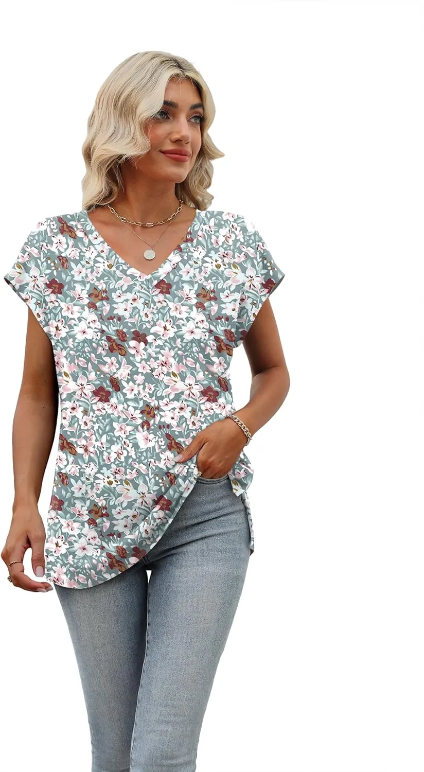 SAMPEEL Womens Summer Tops 2025 Cap Sleeve Trendy V Neck Loose Fit T Shirts