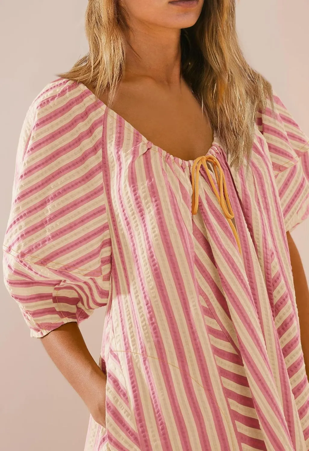 SENSERISE Womens Striped Romper Puff Sleeve Mini Shorts Romper Dress Beach Vacation Outfits with Pockets