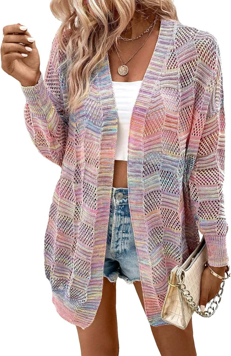 SHENHE Women's Crochet Lightweight Cardigan Beach Swim Cover Up Summer Open Front Colorful Kimonos