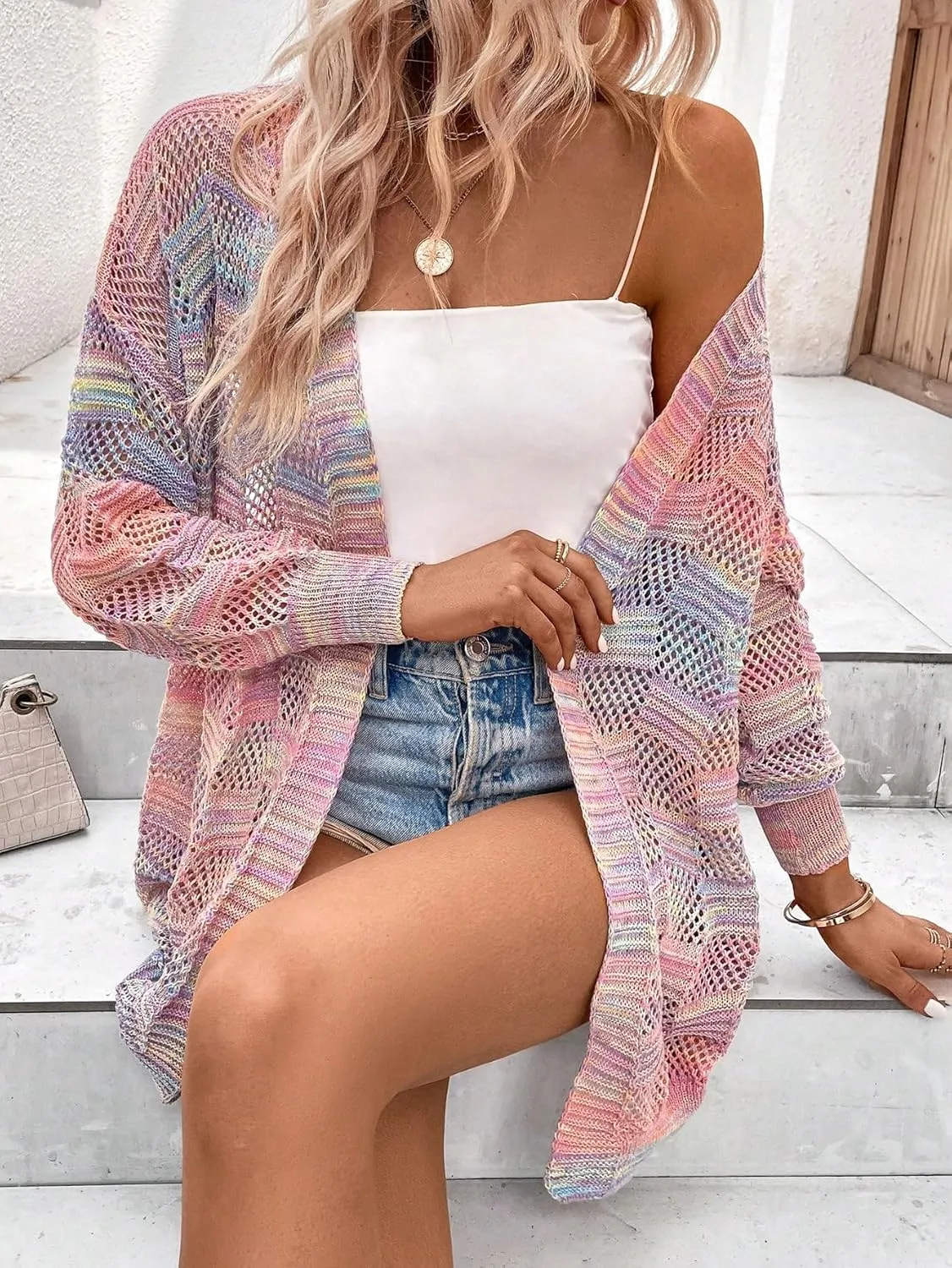 SHENHE Women's Crochet Lightweight Cardigan Beach Swim Cover Up Summer Open Front Colorful Kimonos