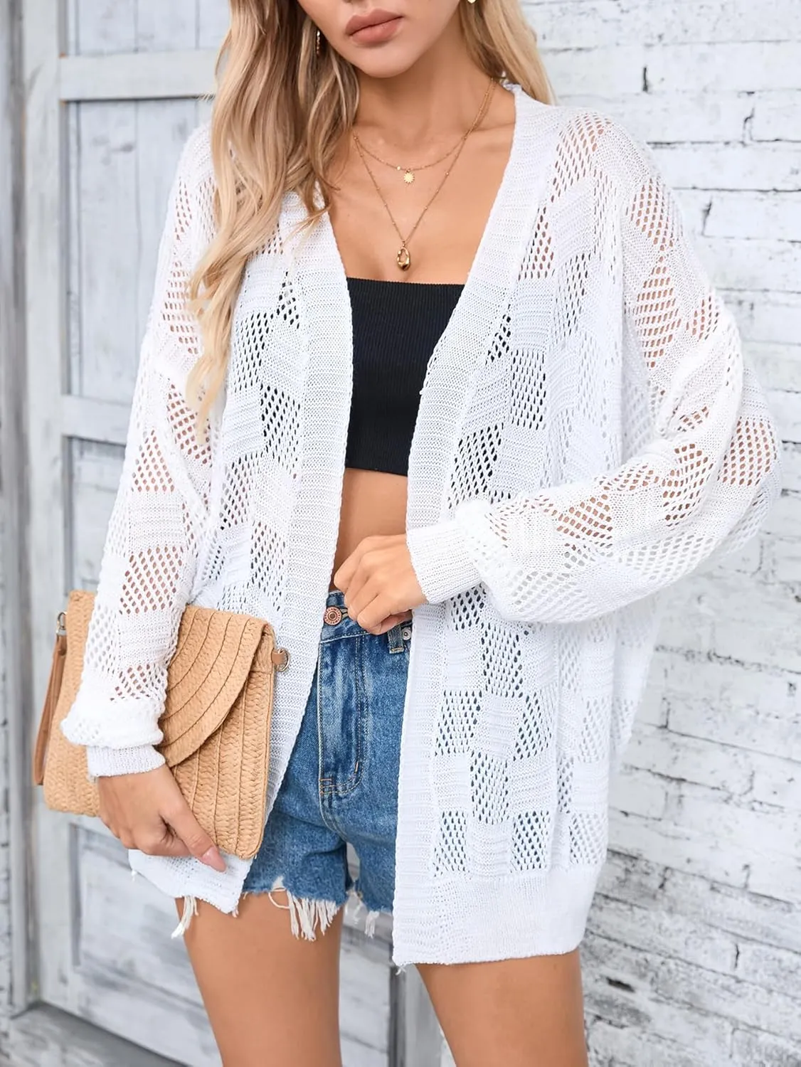 SHENHE Women's Crochet Lightweight Cardigan Beach Swim Cover Up Summer Open Front Colorful Kimonos