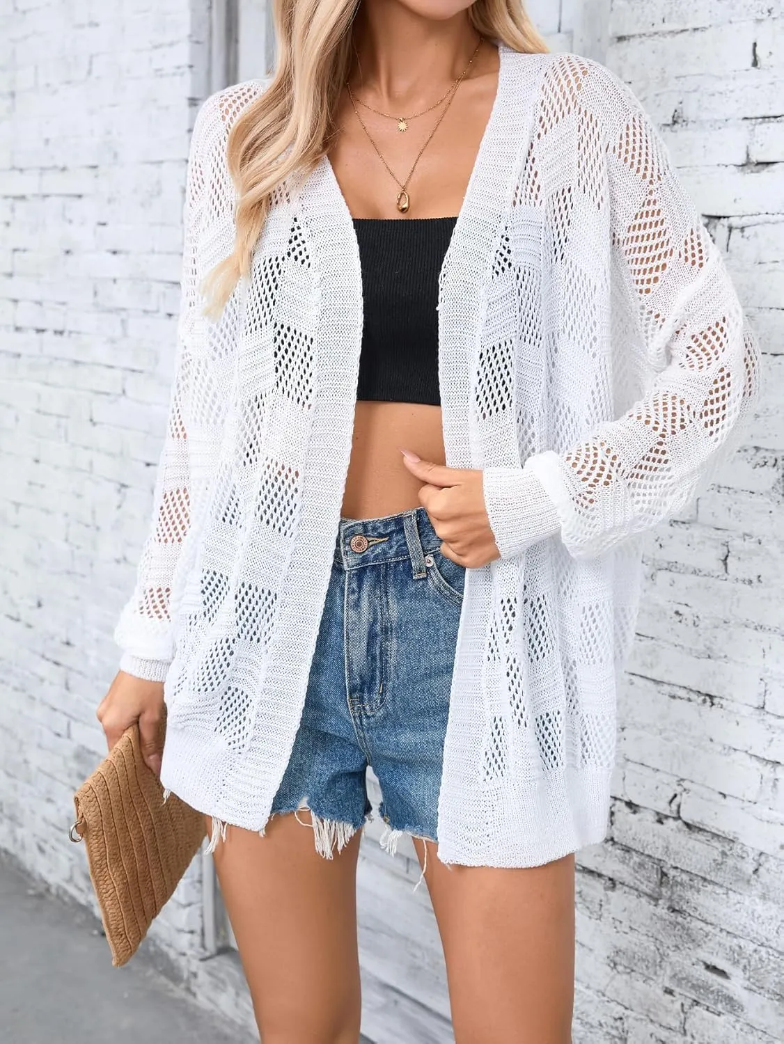 SHENHE Women's Crochet Lightweight Cardigan Beach Swim Cover Up Summer Open Front Colorful Kimonos