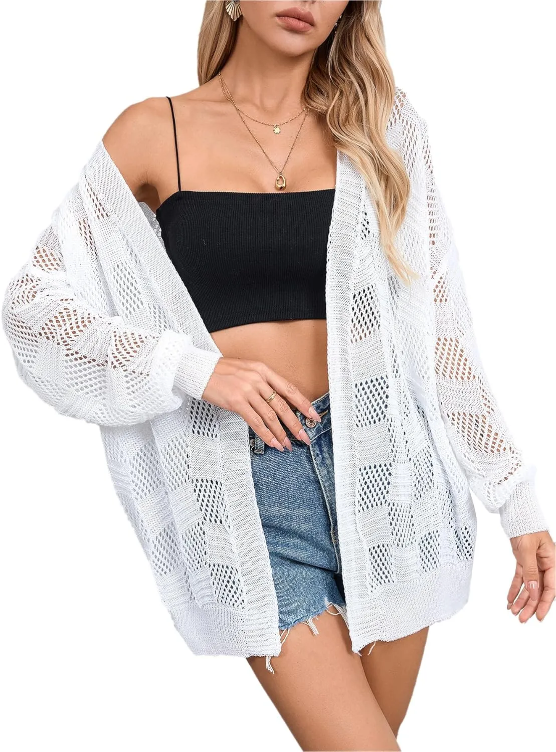 SHENHE Women's Crochet Lightweight Cardigan Beach Swim Cover Up Summer Open Front Colorful Kimonos