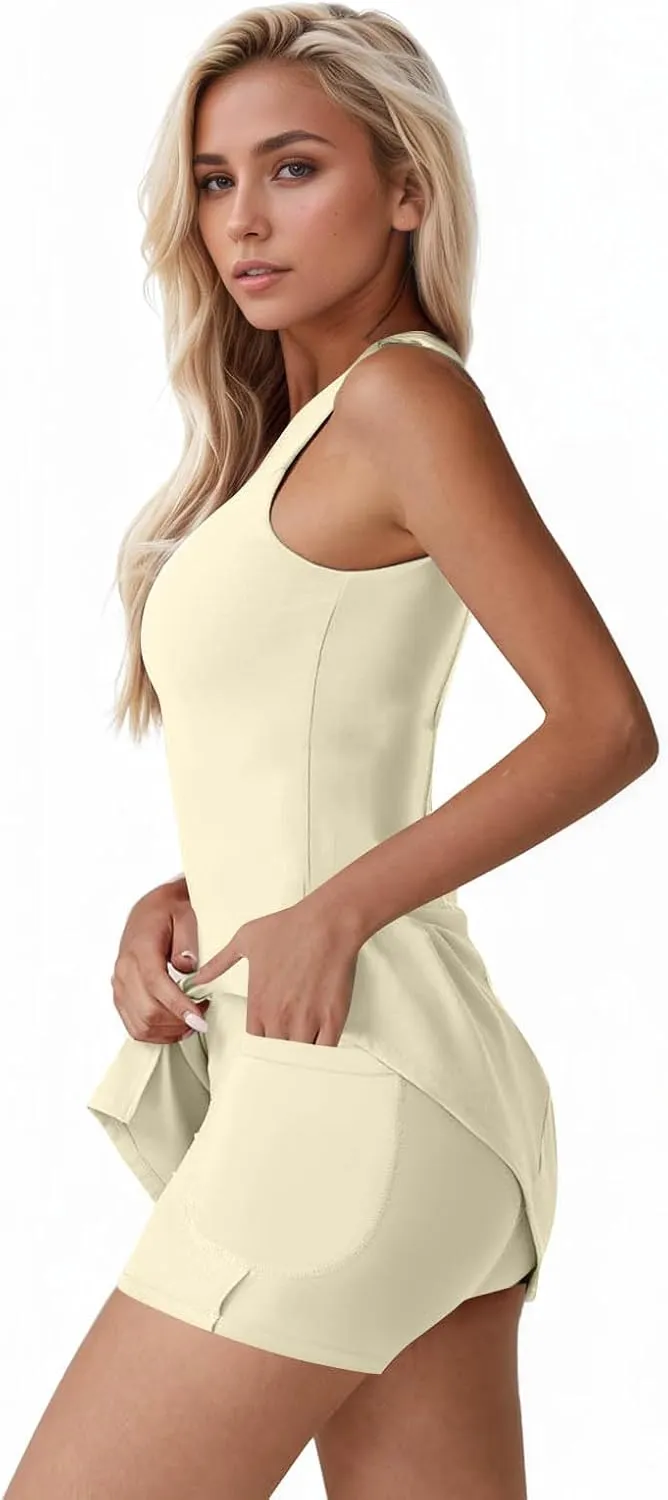 Skort Dress for Women Sleeveless Bodycon Side Slit Mini Tennis Dress with Shorts Cute Summer Active Comfy Shift Dresses