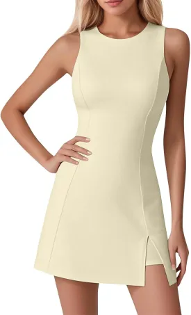 Skort Dress for Women Sleeveless Bodycon Side Slit Mini Tennis Dress with Shorts Cute Summer Active Comfy Shift Dresses