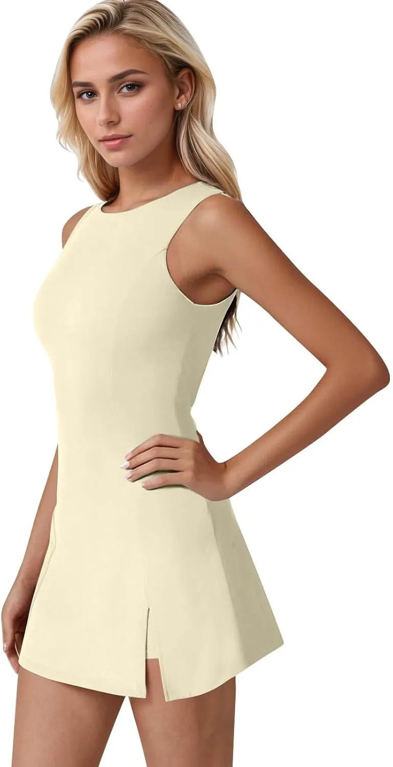 Skort Dress for Women Sleeveless Bodycon Side Slit Mini Tennis Dress with Shorts Cute Summer Active Comfy Shift Dresses