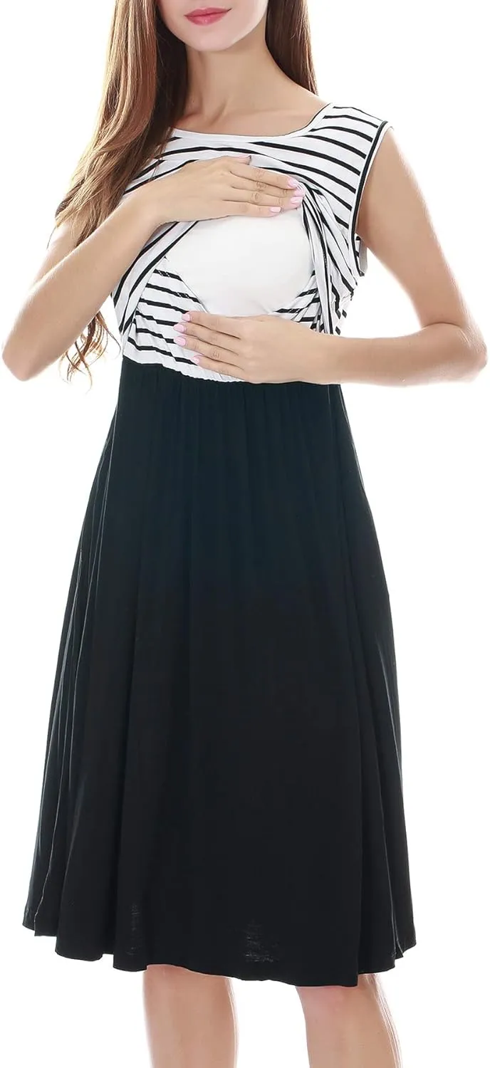 Smallshow Women's Sleeveless Nursing Dresses Patchwork Maternity Breastfeeding Dress