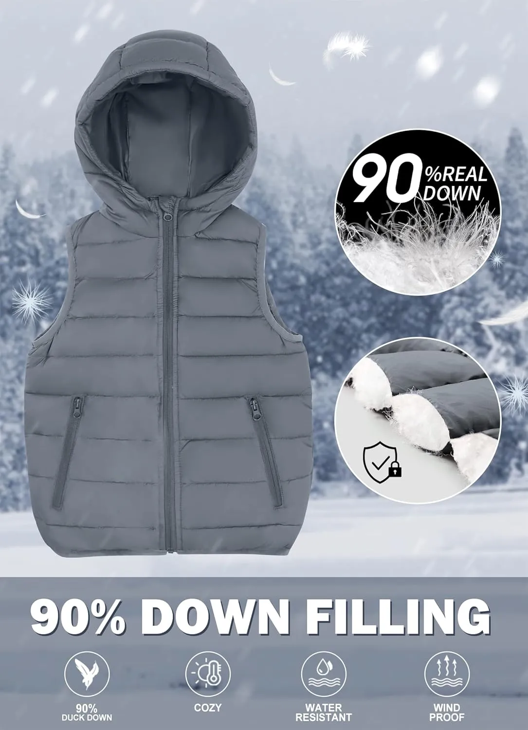 SOLOCOTE Boy's Puffer Vest Hooded Coat Water-Resistant Warm Winter Fleece Sleeveless Girl's Jacket for 6-14 Years