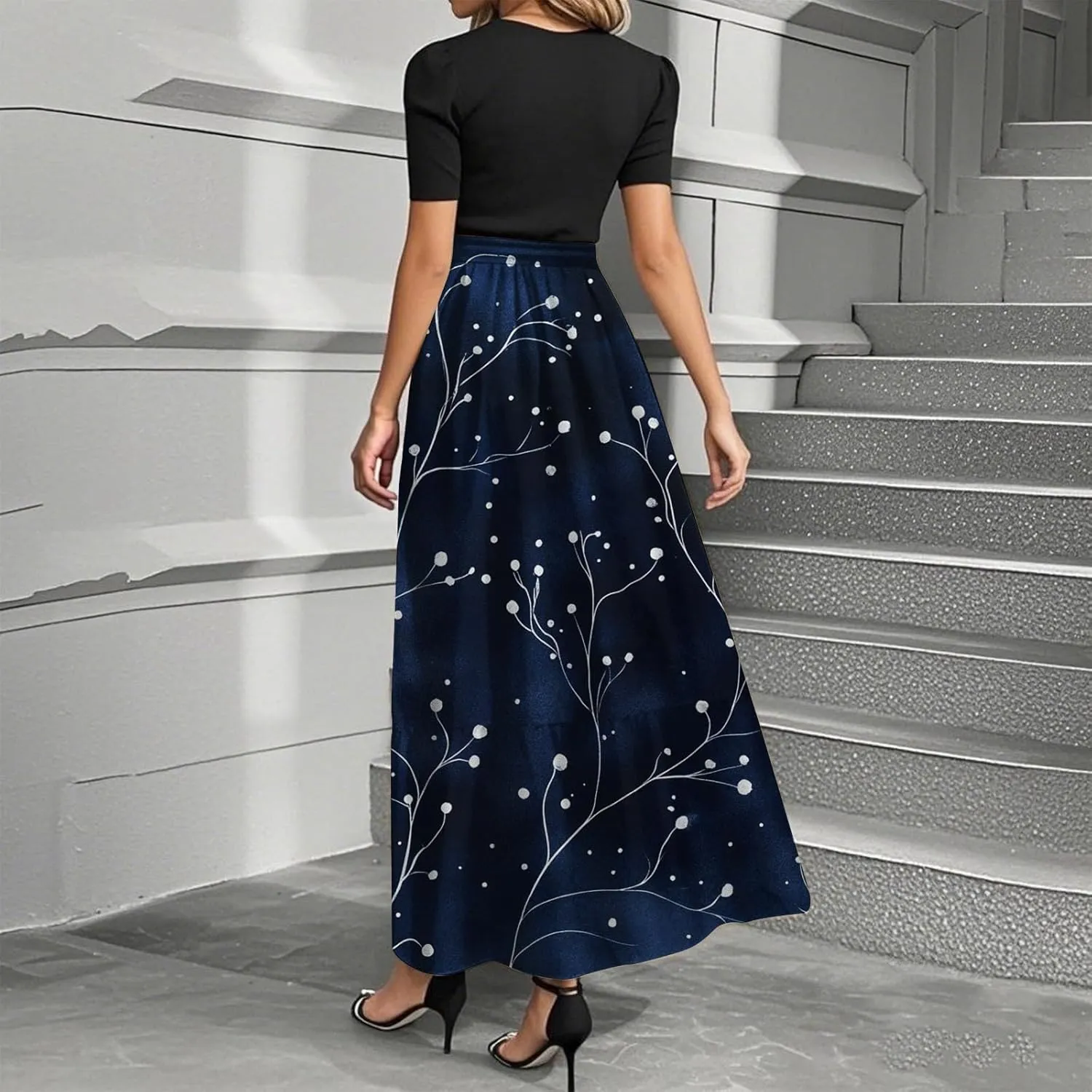Summer Dresses for Women Flowy Patchwork Empire Waist Maxi Dress Tie Belted Floral Short Sleeve Elegant Dress