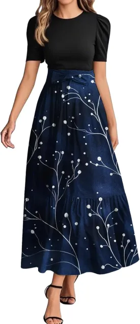 Summer Dresses for Women Flowy Patchwork Empire Waist Maxi Dress Tie Belted Floral Short Sleeve Elegant Dress