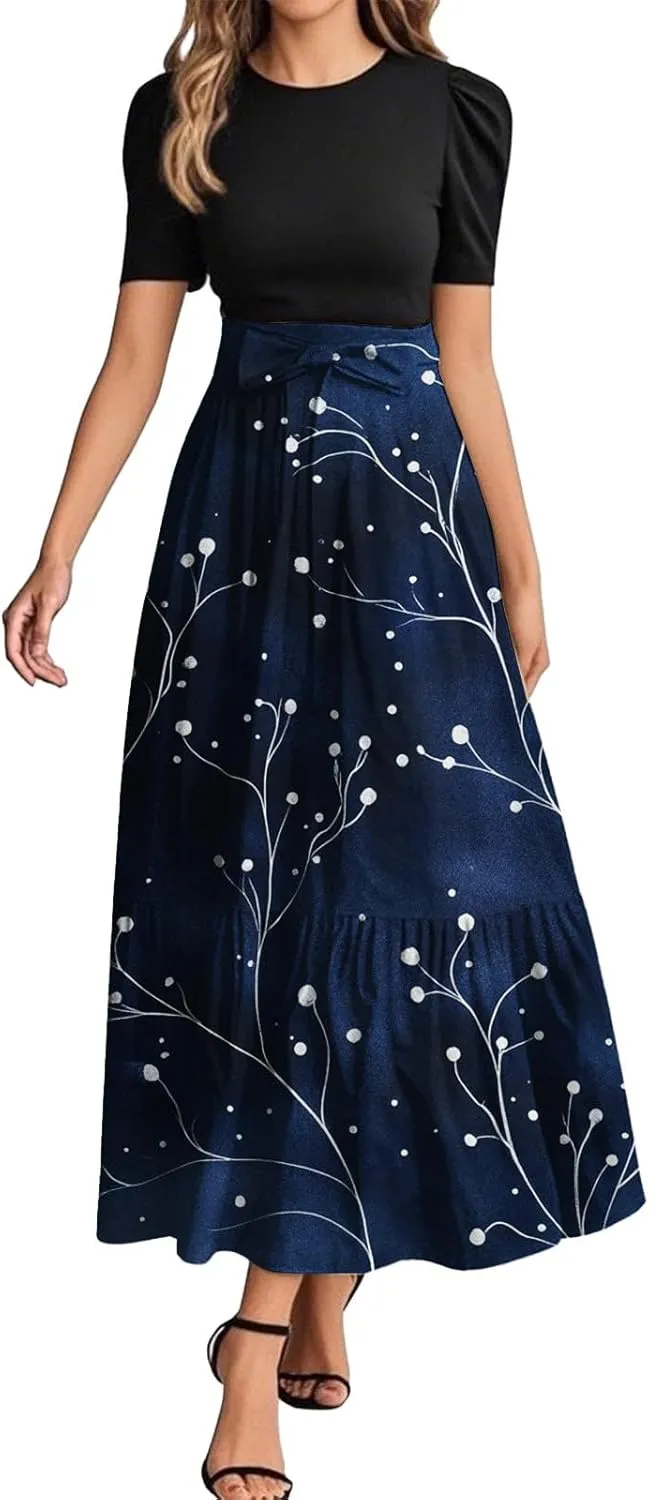 Summer Dresses for Women Flowy Patchwork Empire Waist Maxi Dress Tie Belted Floral Short Sleeve Elegant Dress