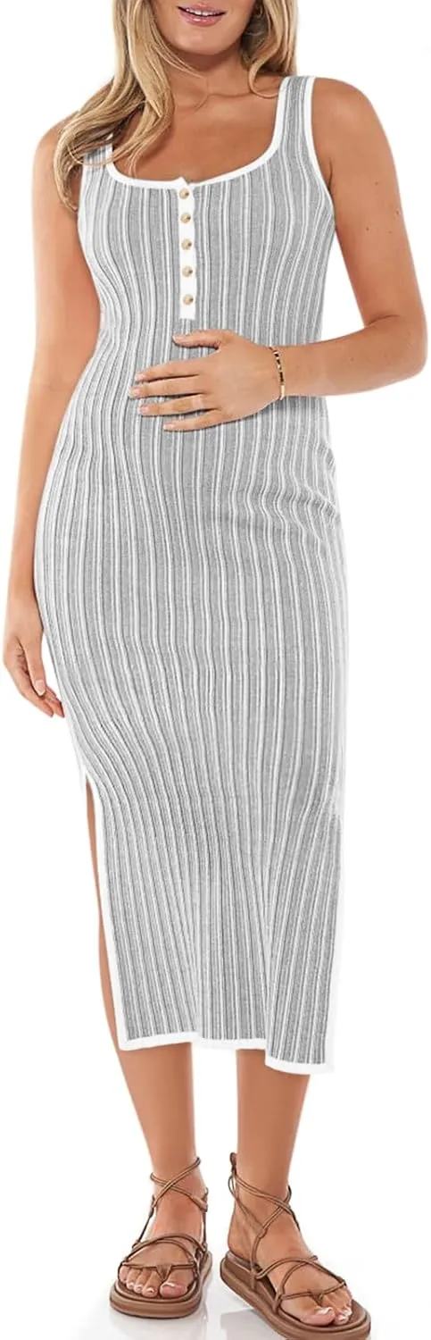 Summer Maternity Dress Rib Knit Sleeveless Button Bodycon Nursing Dresses Side Slit Stretchy Pregnancy Clothes