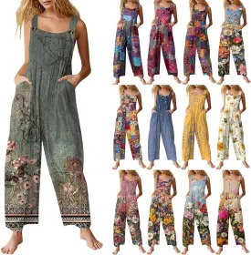 Summer Plus Size Floral Boho Cotton Linen Overalls for Women 2025 Print Wide Leg Jumpsuit Pants Rompers with Pockets