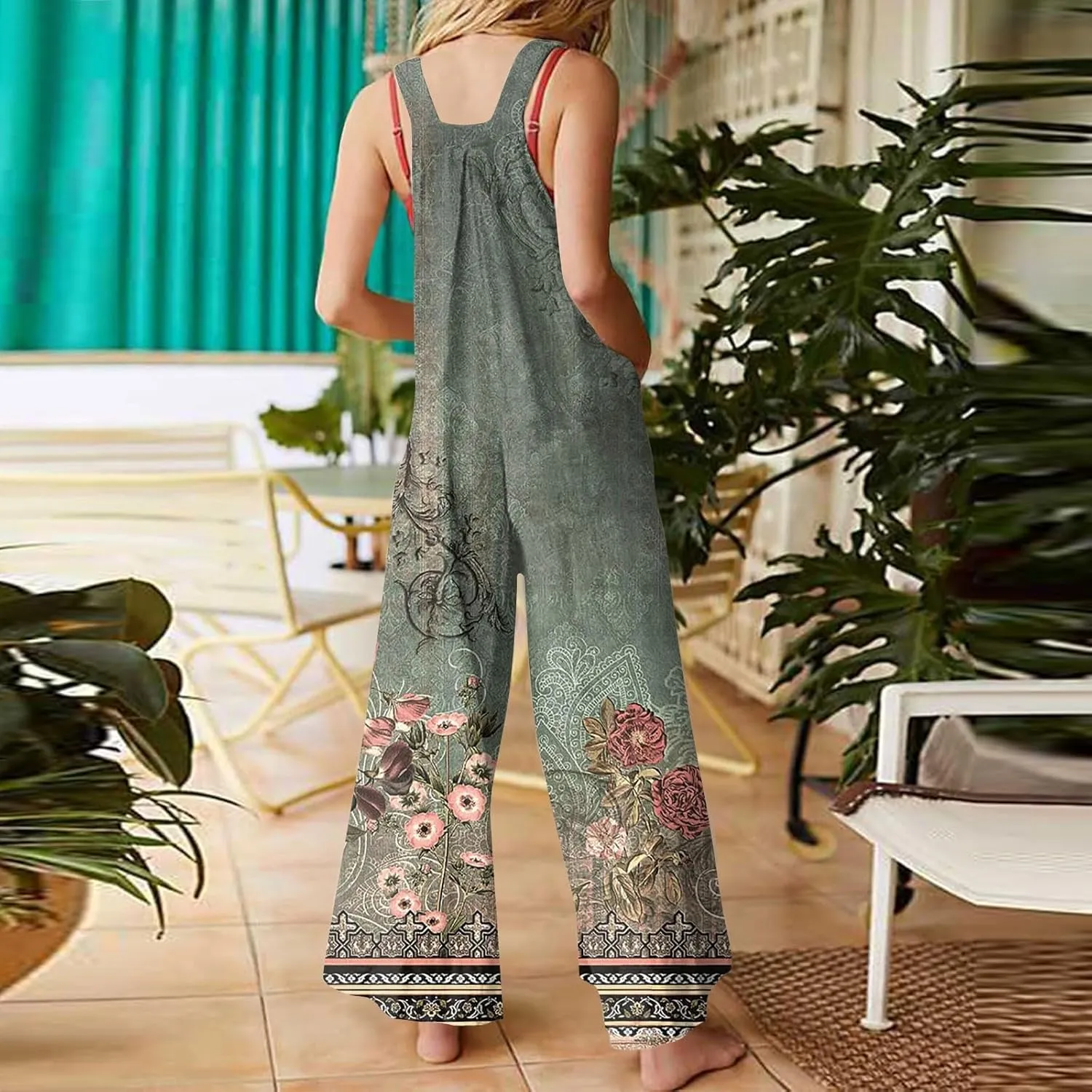 Summer Plus Size Floral Boho Cotton Linen Overalls for Women 2025 Print Wide Leg Jumpsuit Pants Rompers with Pockets