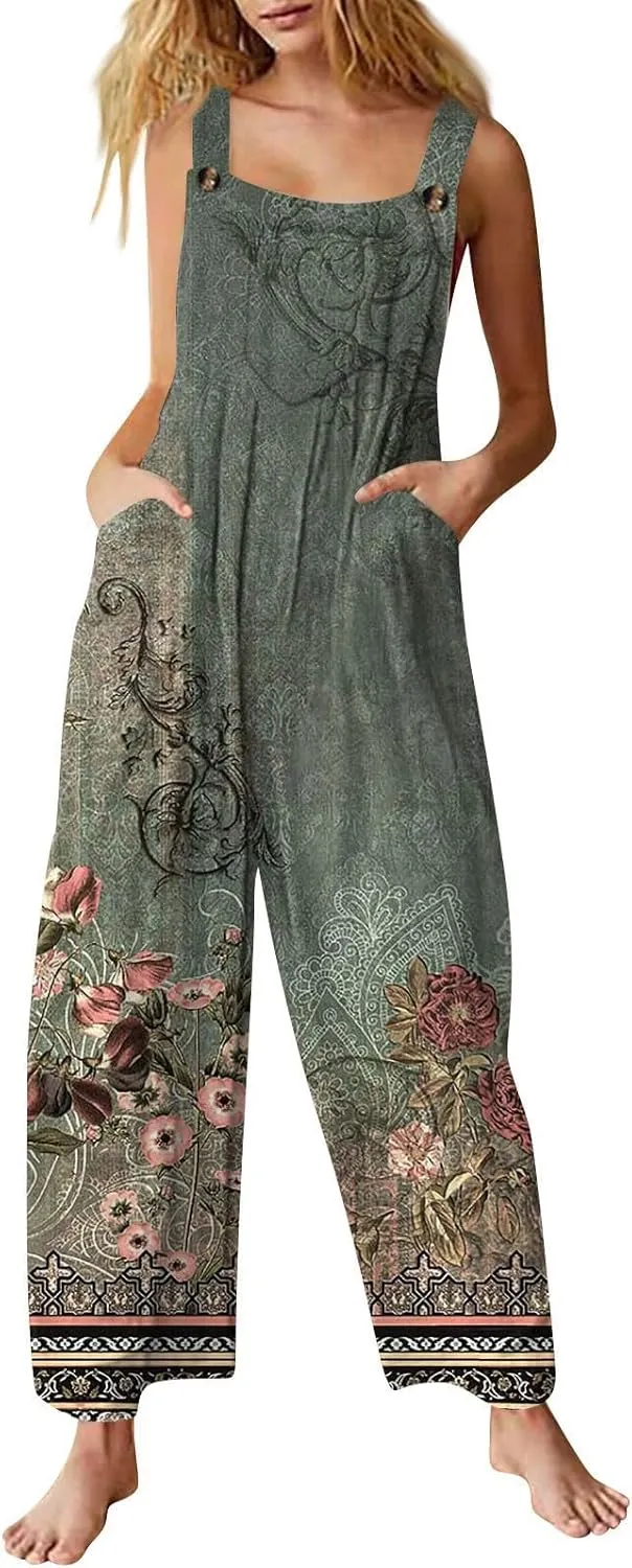 Summer Plus Size Floral Boho Cotton Linen Overalls for Women 2025 Print Wide Leg Jumpsuit Pants Rompers with Pockets