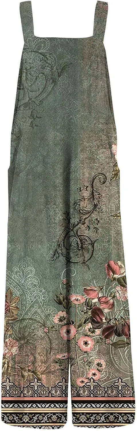 Summer Plus Size Floral Boho Cotton Linen Overalls for Women 2025 Print Wide Leg Jumpsuit Pants Rompers with Pockets