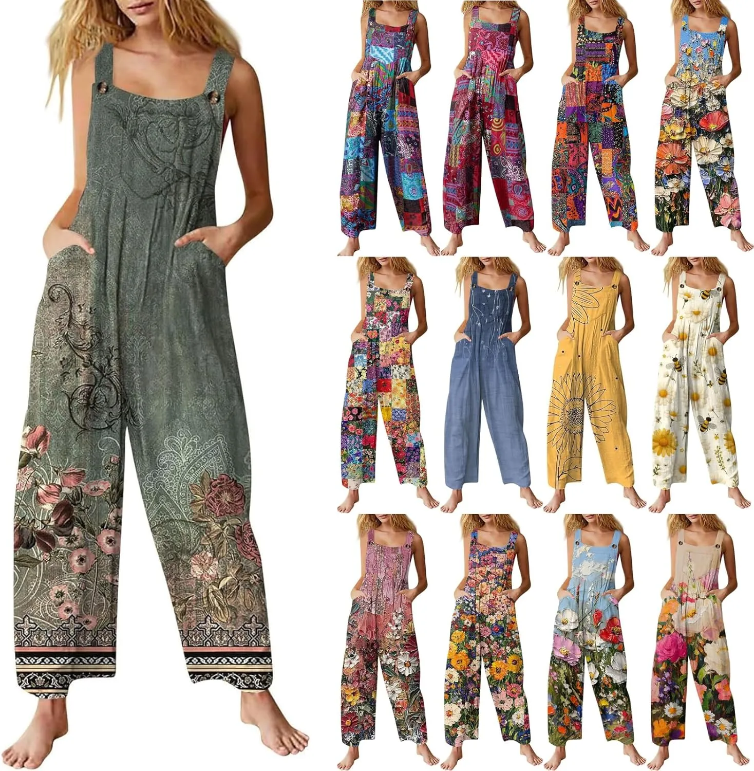 Summer Plus Size Floral Boho Cotton Linen Overalls for Women 2025 Print Wide Leg Jumpsuit Pants Rompers with Pockets