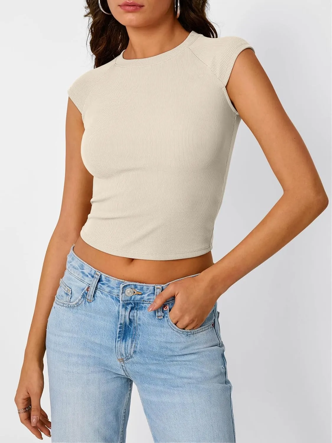 Trendy Queen Women's Cap Sleeve Shirts Ribbed Knit Summer Top 2025 Basic Cute Y2k Tee Crop Clothes