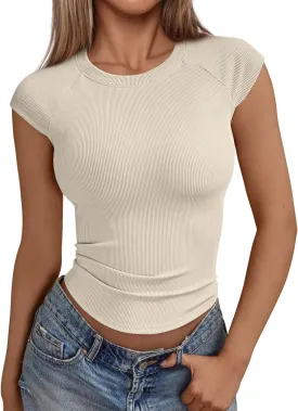 Trendy Queen Women's Cap Sleeve Shirts Ribbed Knit Summer Top 2025 Basic Cute Y2k Tee Crop Clothes