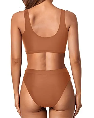 Underboob High Waisted Cheeky Swimwear For Women-Brown