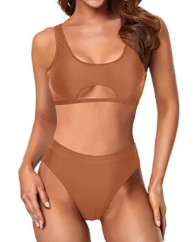 Underboob High Waisted Cheeky Swimwear For Women-Brown