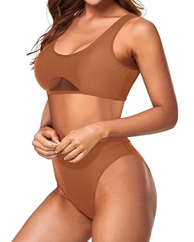 Underboob High Waisted Cheeky Swimwear For Women-Brown