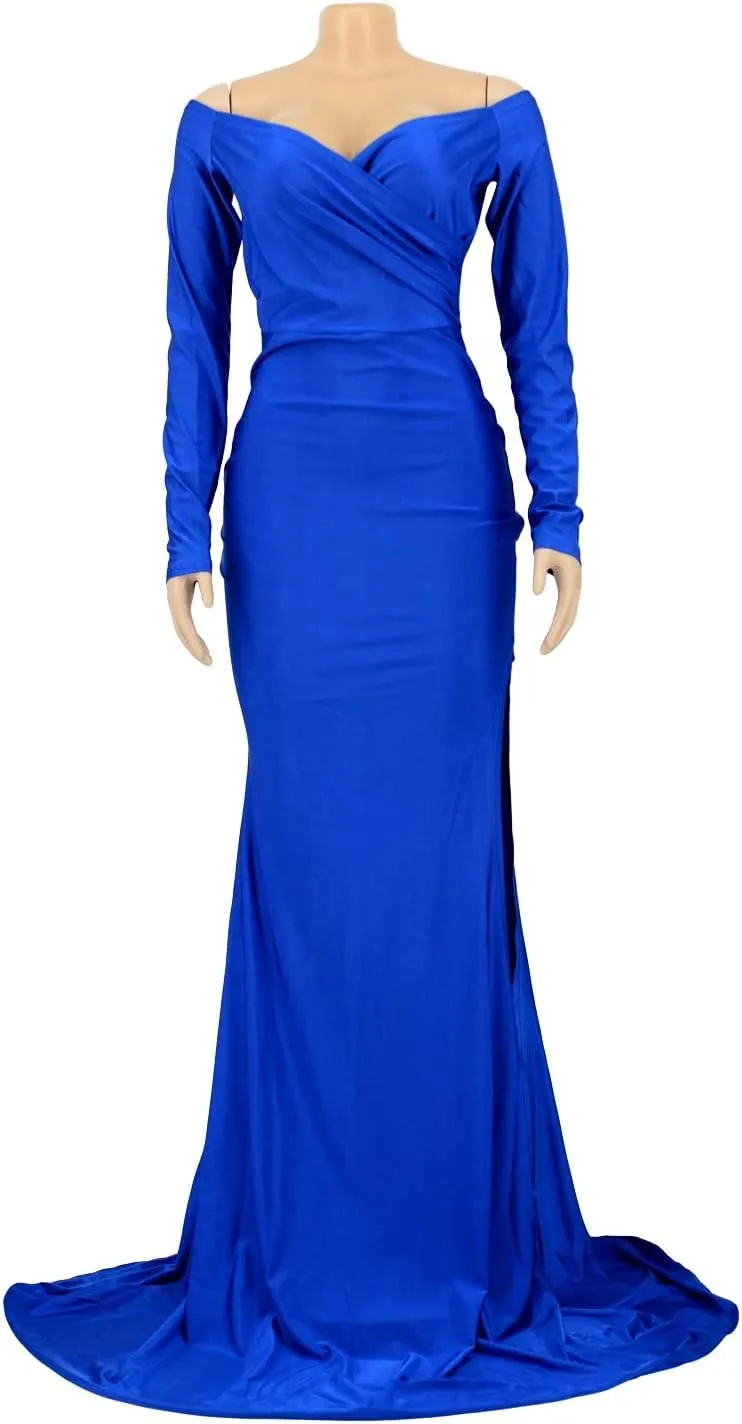 Vakkest Women's Summer Off Shoulder Maxi Dress Sexy V Neck Long Sleeve Gown Cocktail Mermaid Wedding Dresses