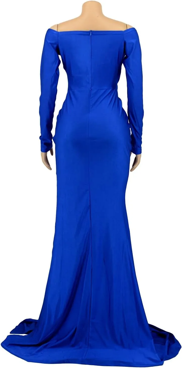 Vakkest Women's Summer Off Shoulder Maxi Dress Sexy V Neck Long Sleeve Gown Cocktail Mermaid Wedding Dresses