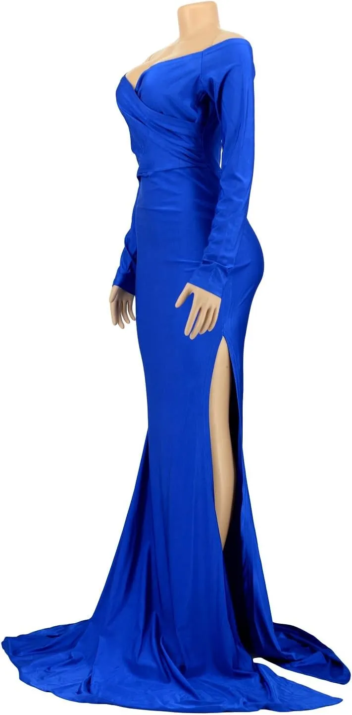 Vakkest Women's Summer Off Shoulder Maxi Dress Sexy V Neck Long Sleeve Gown Cocktail Mermaid Wedding Dresses