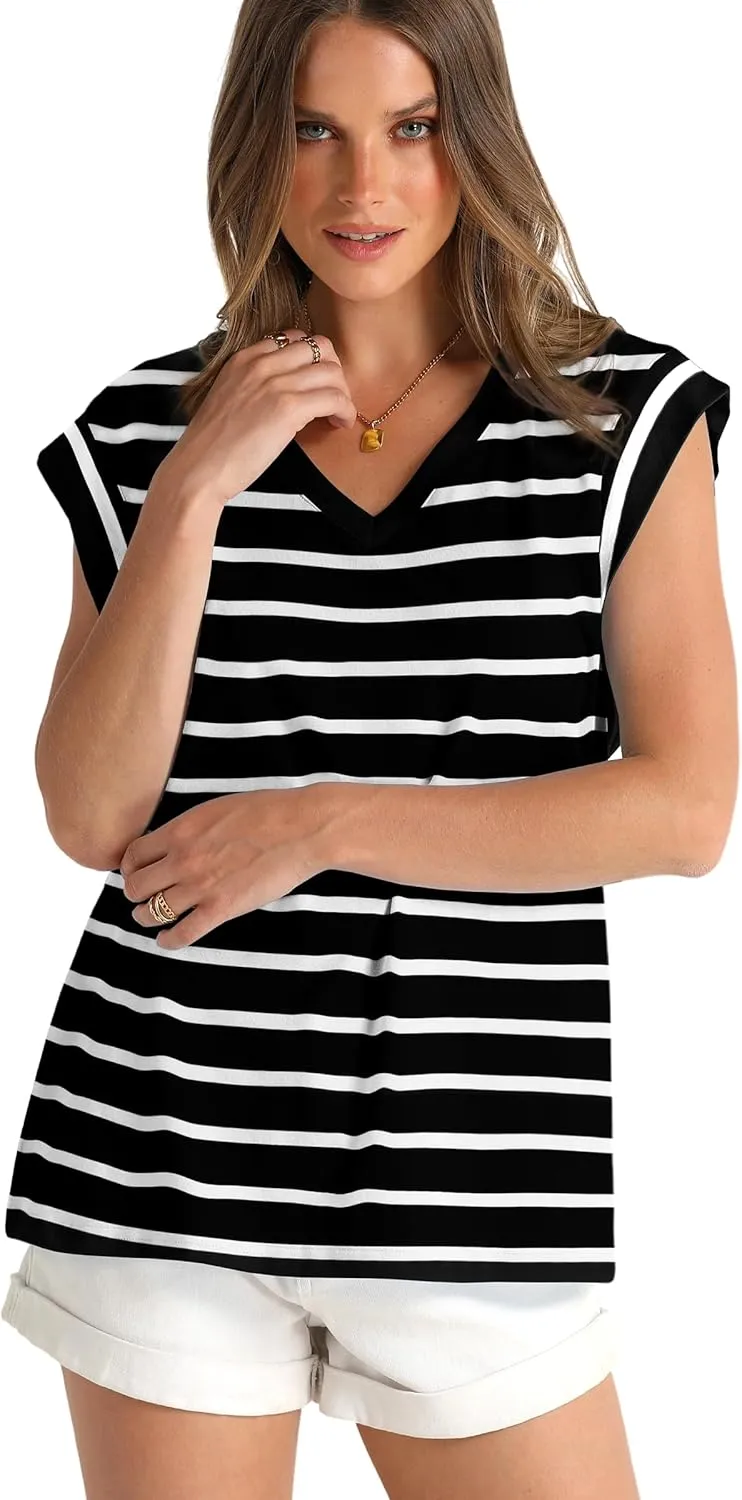 WIHOLL Womens Cap Sleeve Tops Summer V Neck Tank Basic Tee Shirts 2025 Fashion Casual Loose Fit