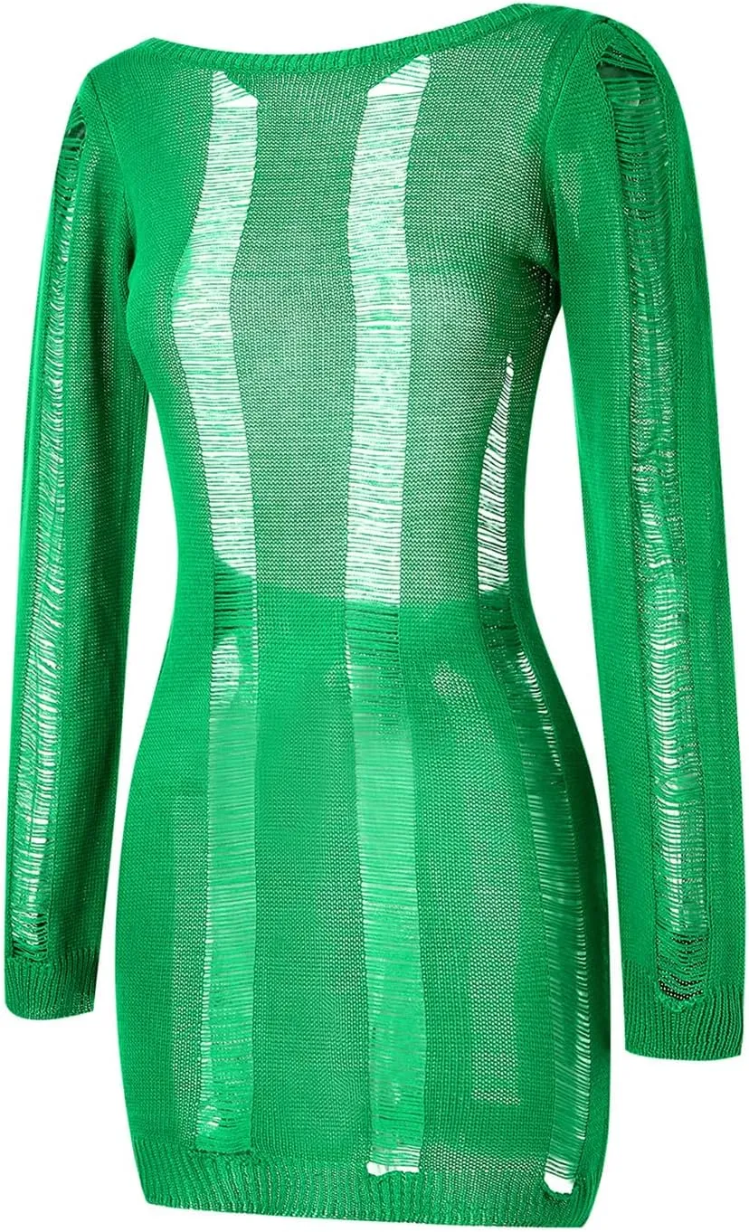 Women Crochet Knitted Dress Ripped Hollow Out Backless Long Sleeve Mini Sweater Dress Cutout Summer Beach Streetwear