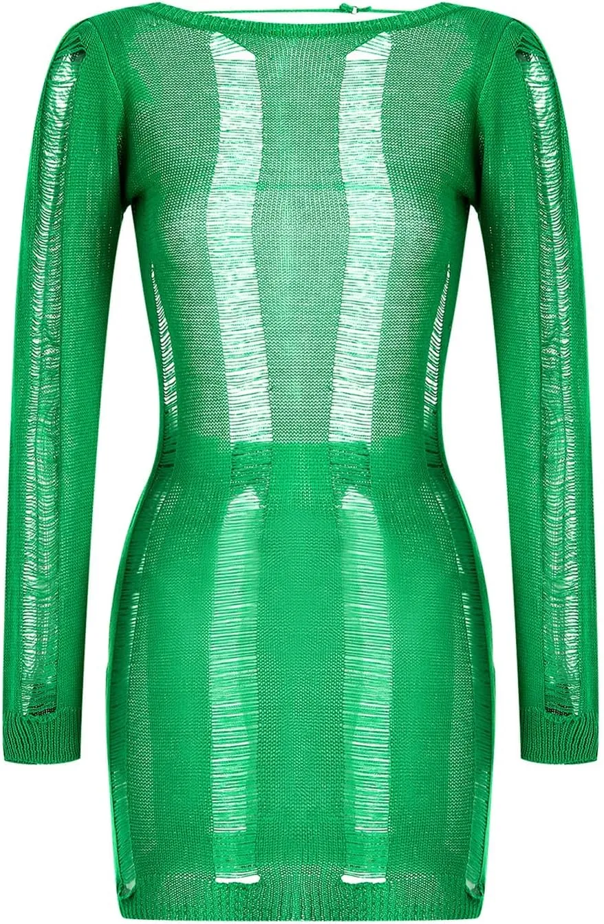 Women Crochet Knitted Dress Ripped Hollow Out Backless Long Sleeve Mini Sweater Dress Cutout Summer Beach Streetwear