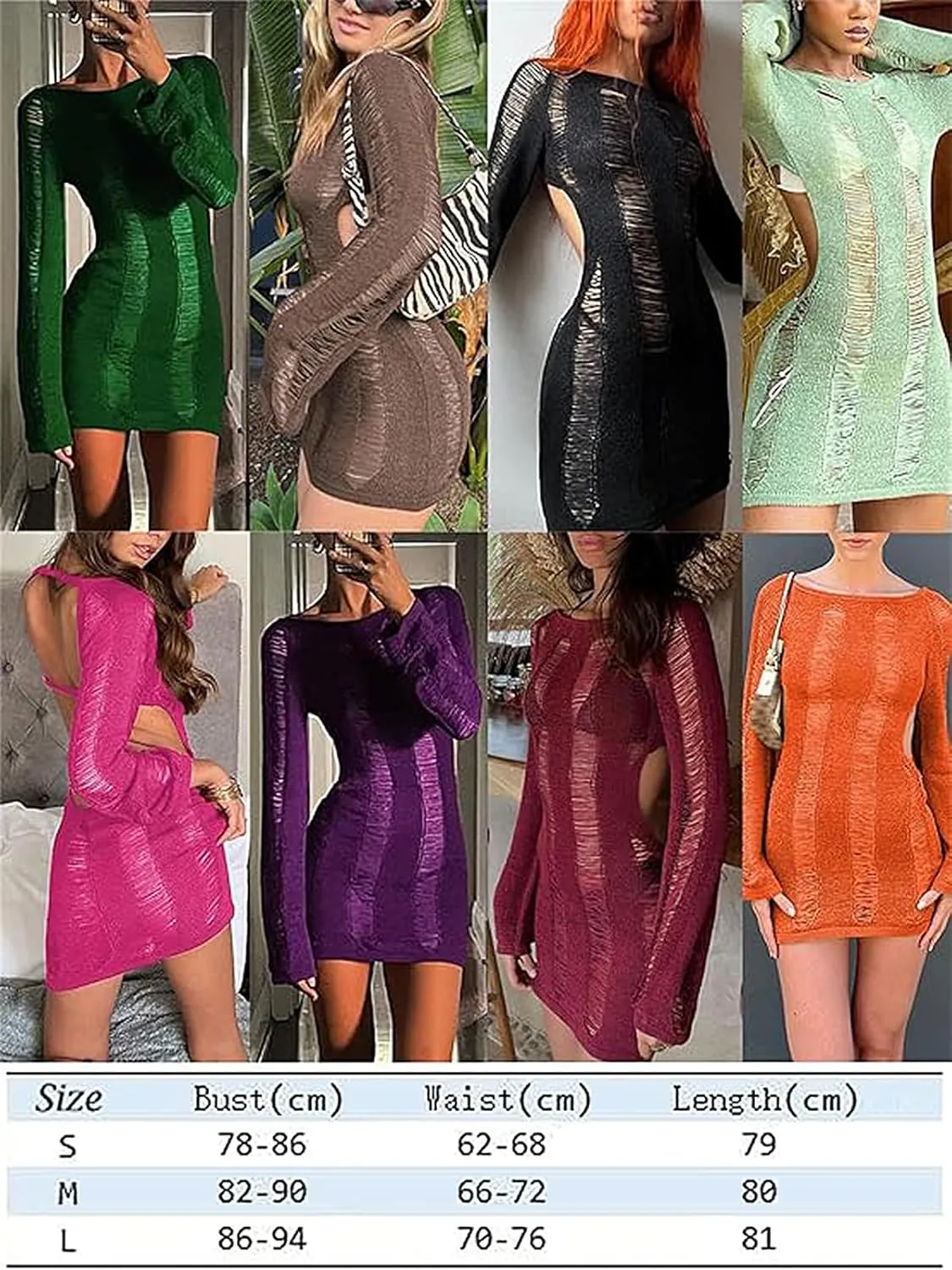 Women Crochet Knitted Dress Ripped Hollow Out Backless Long Sleeve Mini Sweater Dress Cutout Summer Beach Streetwear
