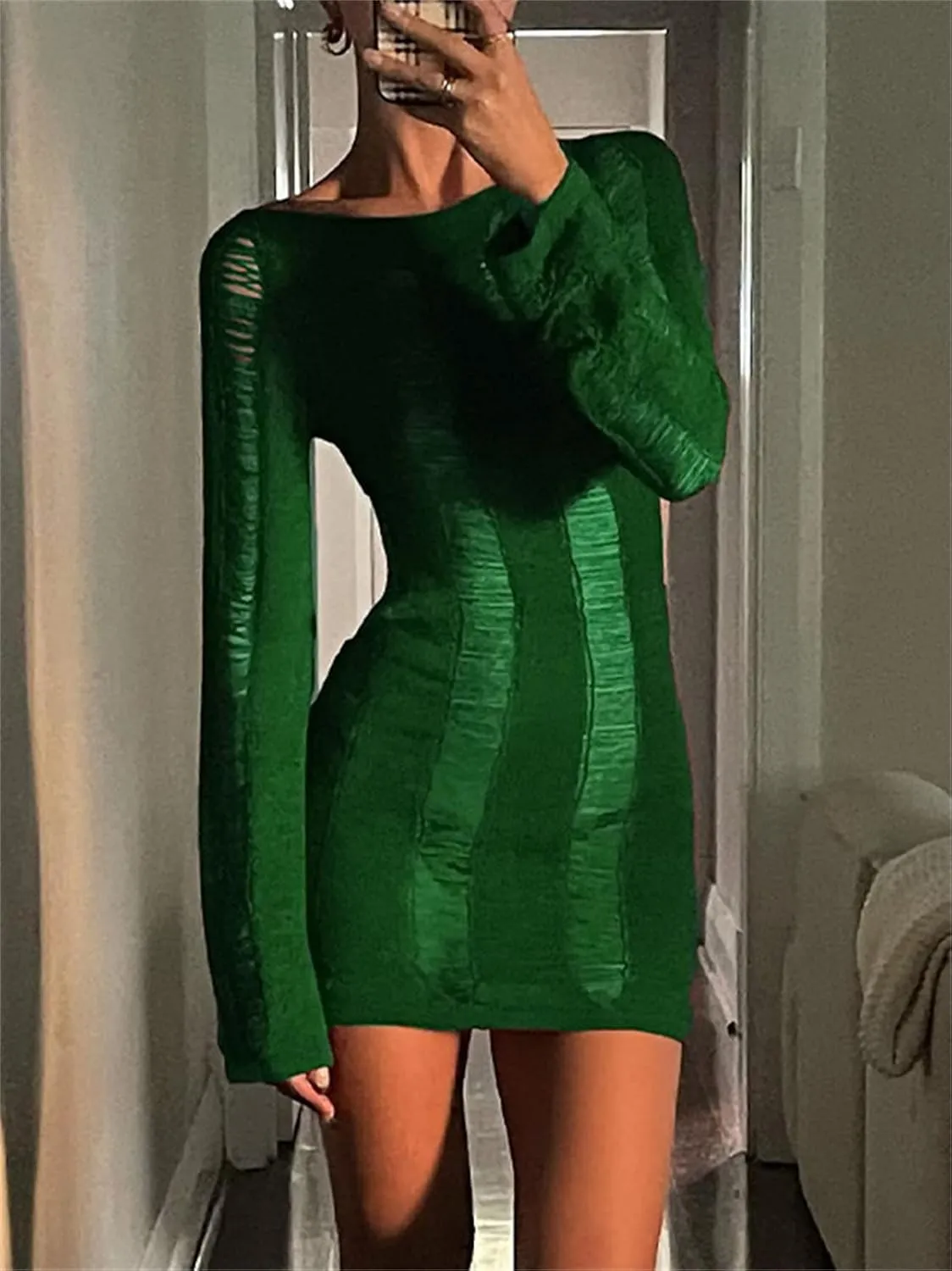 Women Crochet Knitted Dress Ripped Hollow Out Backless Long Sleeve Mini Sweater Dress Cutout Summer Beach Streetwear