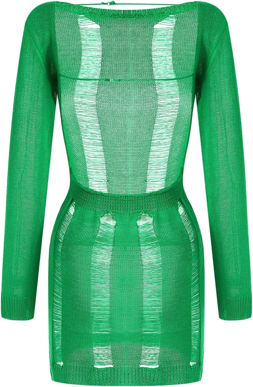 Women Crochet Knitted Dress Ripped Hollow Out Backless Long Sleeve Mini Sweater Dress Cutout Summer Beach Streetwear