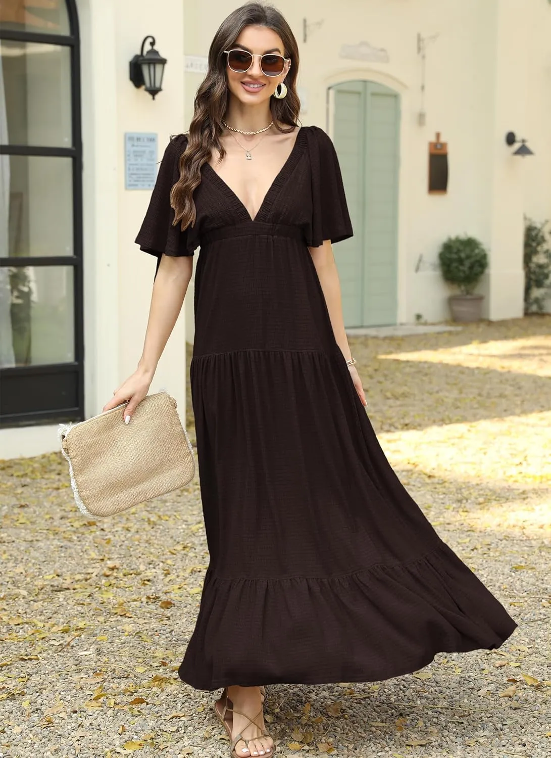 Women Summer Dresses Sexy V-Neck Maxi Dress Tiered Silhouette with Flutter Sleeve Backless Elastic Waist Flowy Dress