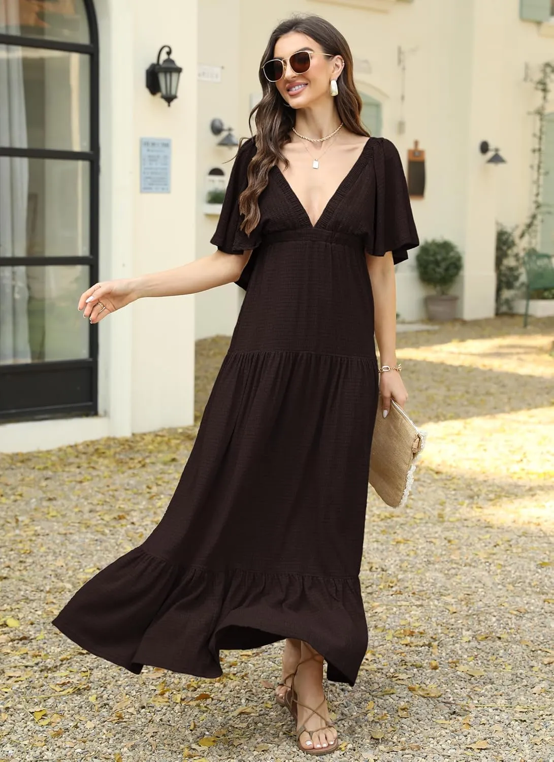 Women Summer Dresses Sexy V-Neck Maxi Dress Tiered Silhouette with Flutter Sleeve Backless Elastic Waist Flowy Dress